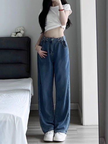 Jeans for women in spring and autumn, internet celebrities, versatile new design, adjustable loose wide-leg slimming straight floor-length mopping pants