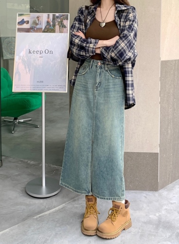 Actual shot ~ Retro washed high-waist slim denim skirt for women in spring niche design slit long skirt