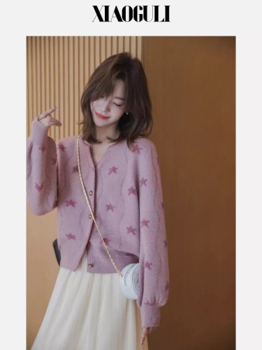 Wool sweater for women 2024 spring Korean style puff sleeve loose slimming cardigan short long sleeve top