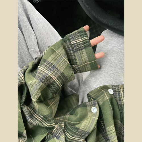 New American Retro Green Plaid Shirt Jacket Women's Early Autumn Lazy Style Shirt Thin Long Sleeve Top