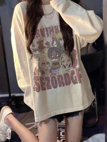 Pure cotton personalized printed long-sleeved T-shirt for women, white contrasting color, simple inner layer, high-end bottoming top