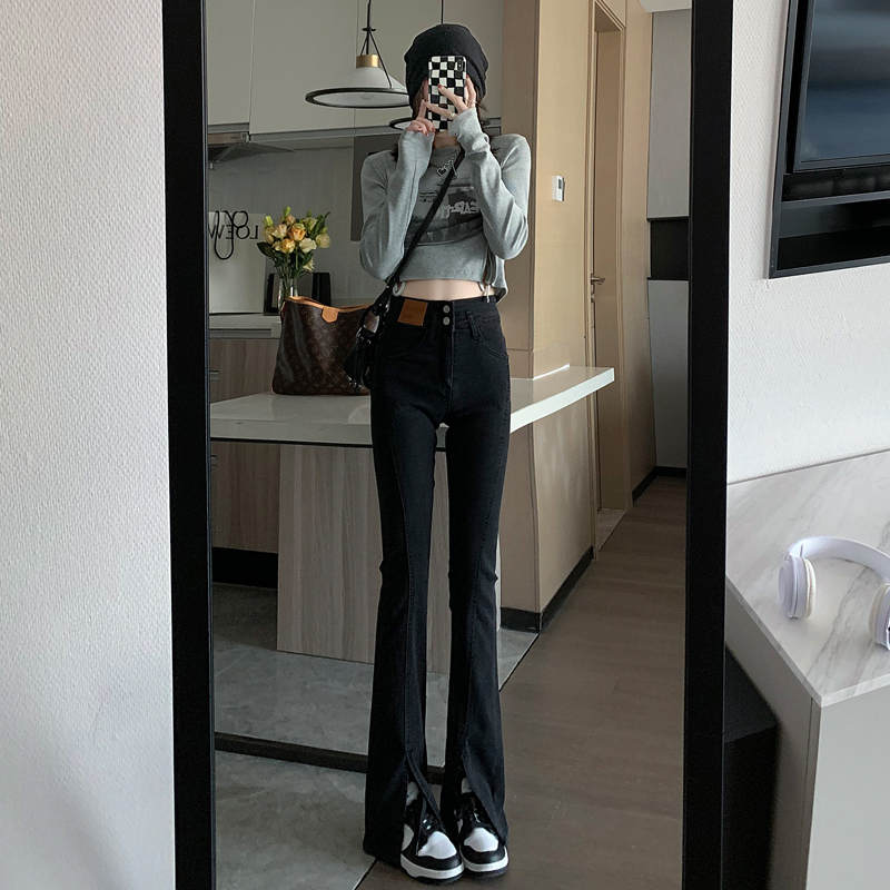 High-waisted black slit jeans for women, spring and autumn straight leg, loose, slimming, slightly flared slit, extended floor-length mopping trousers