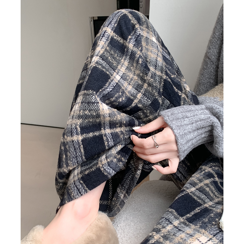 Autumn and winter woolen drawstring plaid casual pants for women, retro drape, loose high-waisted straight wide-leg pants