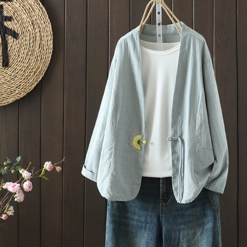 New cotton and linen fan embroidered bead button cardigan for women Chinese style retro literary casual loose top