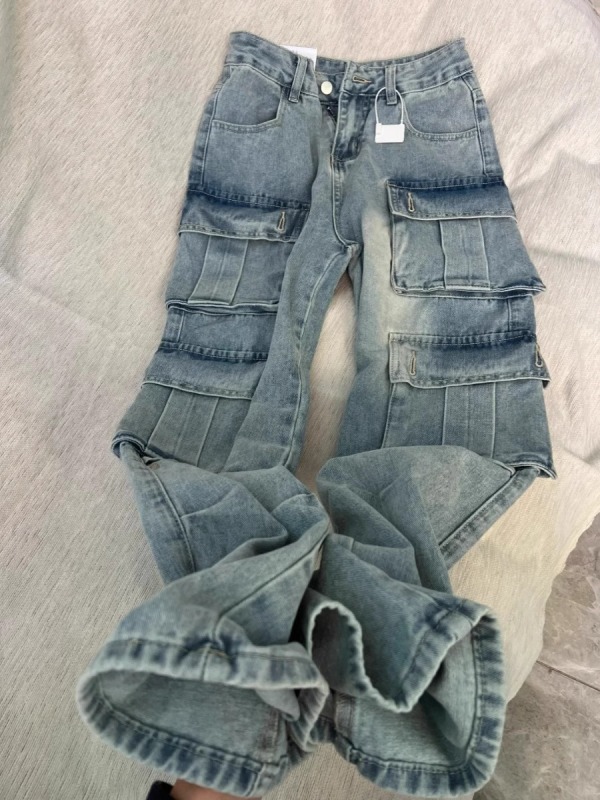 American retro multi-pocket denim overalls, summer new style, tall, long, washed straight wide-leg pants