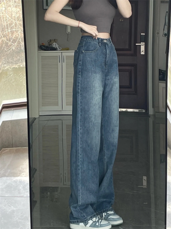 High-waisted, wide-legged, versatile casual jeans for autumn and winter, slim wide-legged trousers, straight-legged trousers