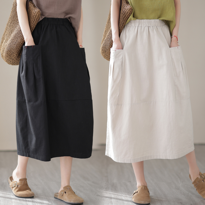 Cotton and linen skirt women's loose big pocket casual mid-length skirt solid color versatile elastic waist slimming A-line skirt