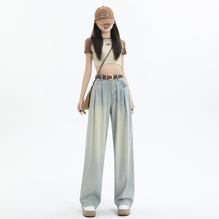 Korean style blue denim wide leg pants for women with high waist, loose slimming and pleated design