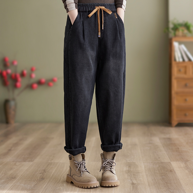 Winter loose large size washed elastic waist rope plus velvet thickened stretch denim harem pants for women