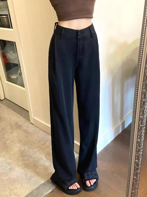 Black large size wide-leg jeans for fat women, slimming butt-covering autumn new high-waisted loose straight trousers