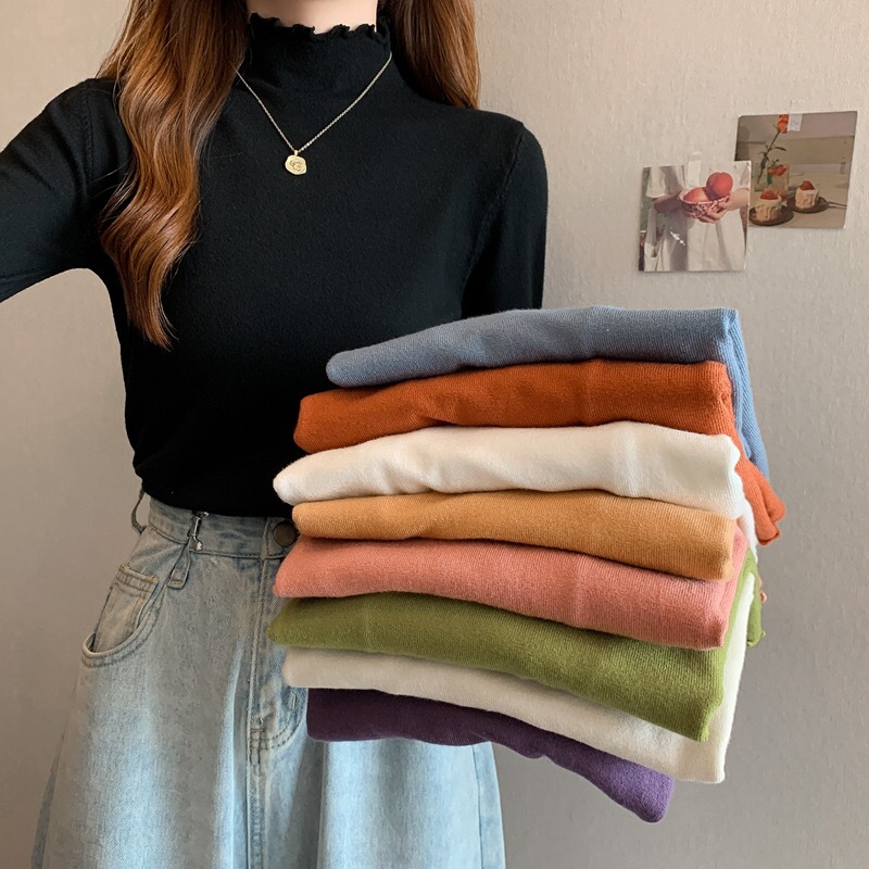 Half turtleneck bottoming sweater, fungus edge knitted sweater for women, new autumn style white inner top, trendy