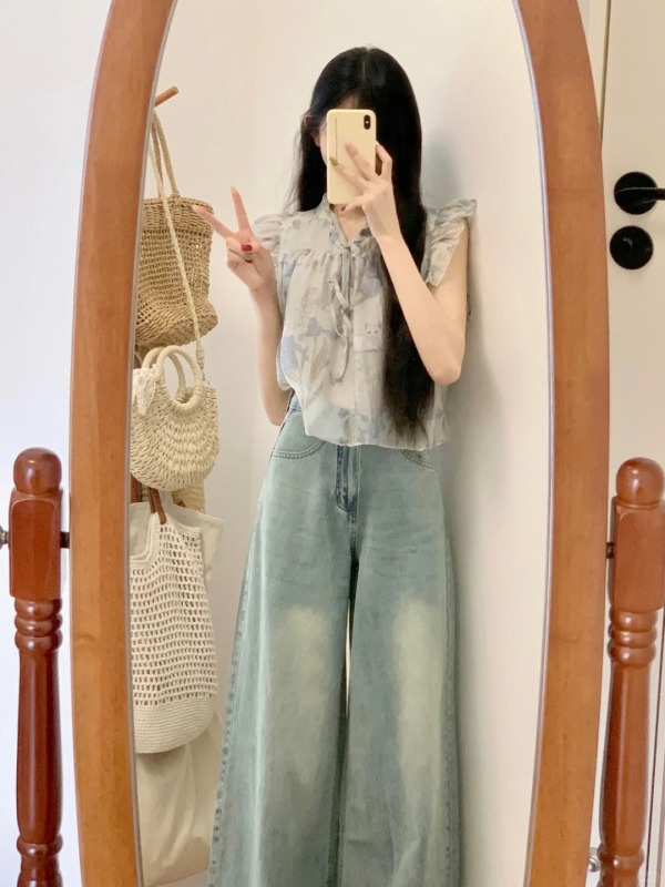 Light Blue Loose Wide Leg Jeans Women's Thin Autumn New Style Small Big Flared Big Leg Straight Pants
