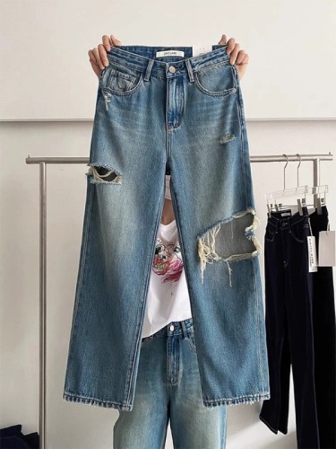 Ripped wide-leg jeans for women, new style, high-waisted, large size, pear-shaped, small, loose, slimming, straight-leg pants