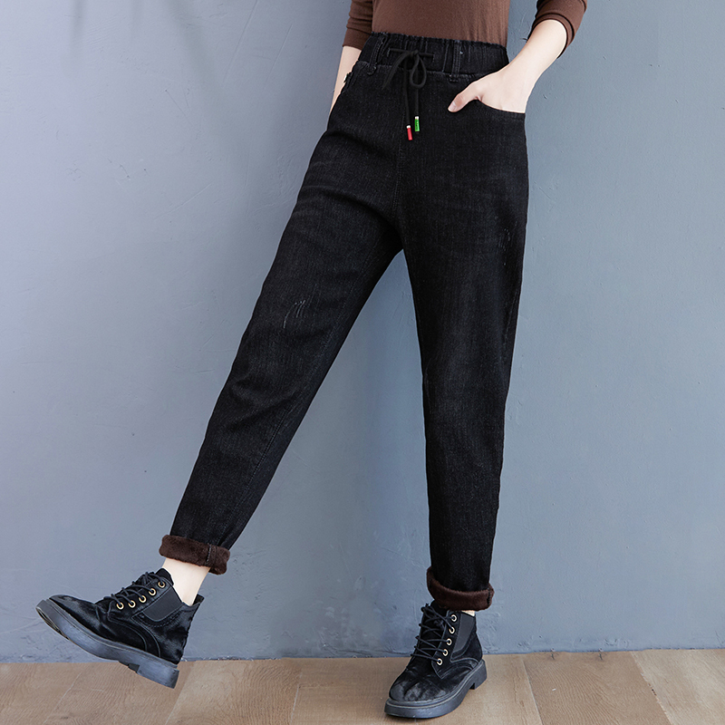 New style velvet thickened stretch jeans for fat mm plus size women's pants in autumn and winter