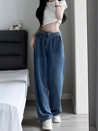 Jeans for women in spring and autumn, internet celebrities, versatile new design, adjustable loose wide-leg slimming straight floor-length mopping pants
