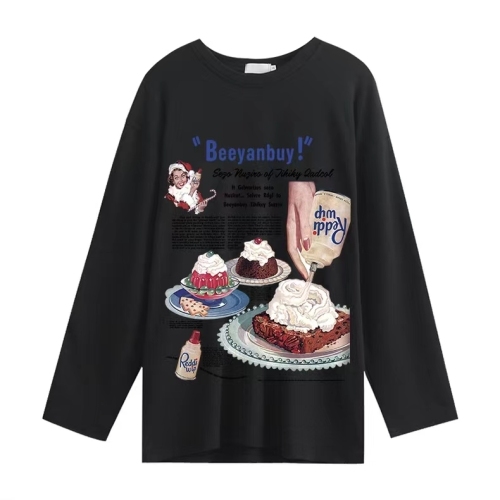 Pure cotton personalized printed long-sleeved T-shirt for women, white contrasting color, simple inner layer, high-end bottoming top