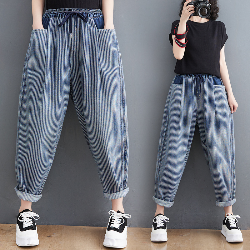 Hip-covering, leg-covering artistic vertical striped jeans, women's loose large size casual harem pants