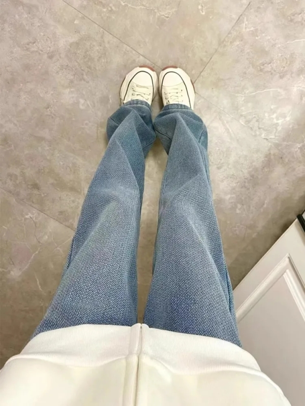 Non-leg-fitting starry sky pattern straight jeans plus size women winter fat mm plus velvet thickened high waist loose wide leg floor mopping pants
