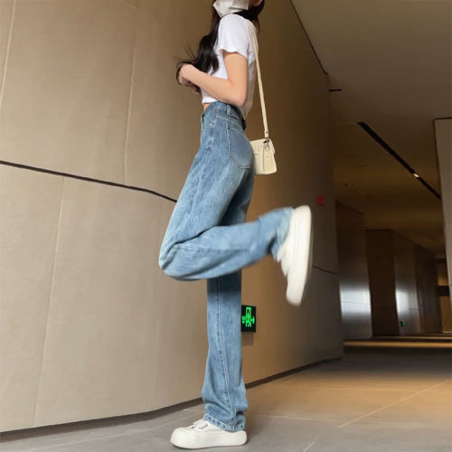 Retro straight jeans for women, spring and autumn, new style, small, high-waisted, floor-length pants, loose, narrow, wide-leg pants