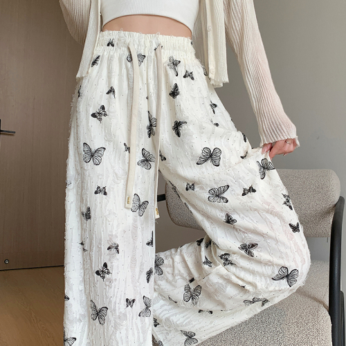 High waisted hole butterfly print casual pants for women summer new design drape straight wide leg pants