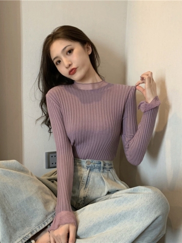 Spring and Autumn Korean style new slim fit mesh splicing half turtleneck bottoming long-sleeved sweater tops for women