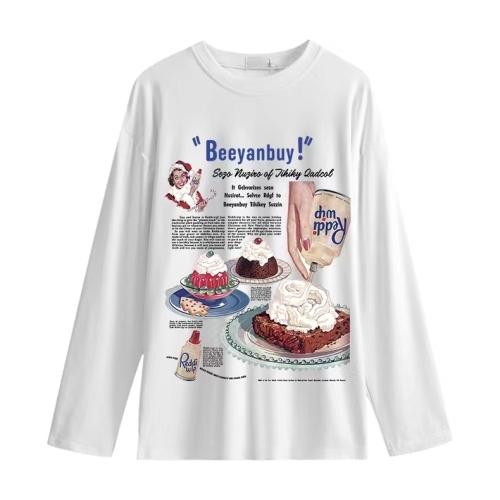 Pure cotton personalized printed long-sleeved T-shirt for women, white contrasting color, simple inner layer, high-end bottoming top