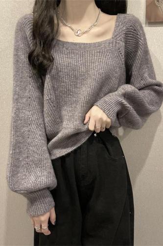 French retro puff sleeve leaking clavicle square neck bottoming shirt for women street knitted sweater for outer wear