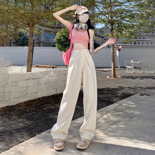 American retro pleated high-end high-waisted floor-length wide-leg pants straight-leg jeans women's trousers with extensions