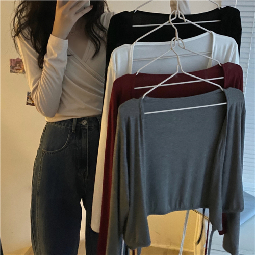 V-neck solid color strappy short top thin slim fit sun protection inner layering shirt