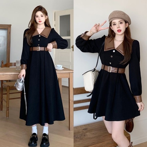 Plus size women's slightly chubby mm high-end fashionable contrast skirt autumn corduroy retro long-sleeved waist dress