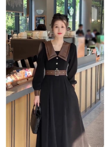 Plus size women's slightly chubby mm high-end fashionable contrast skirt autumn corduroy retro long-sleeved waist dress