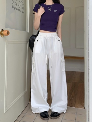 Solid color overalls American casual pants women's summer new high-waist straight design wide-leg pants