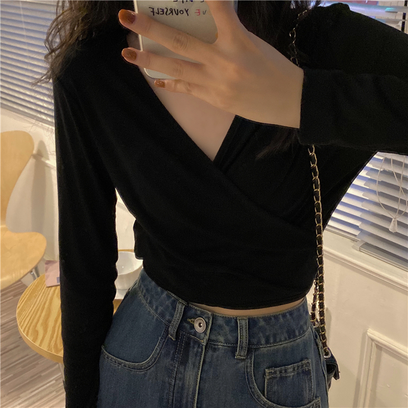 V-neck solid color strappy short top thin slim fit sun protection inner layering shirt