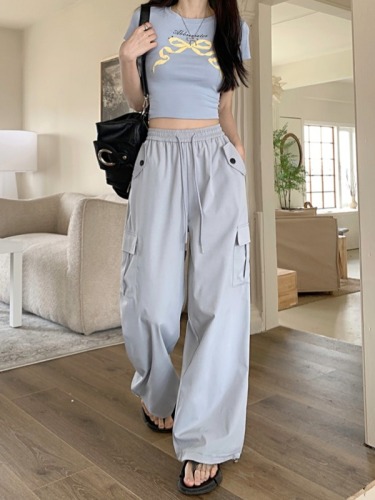 Solid color overalls American casual pants women's summer new high-waist straight design wide-leg pants