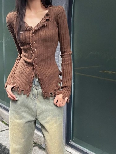 YUNYIHUI Yunyihui American Hot Girl Tassel Brown Cardigan Sweater Jacket Women's Woolen Bottoming Shirt Autumn