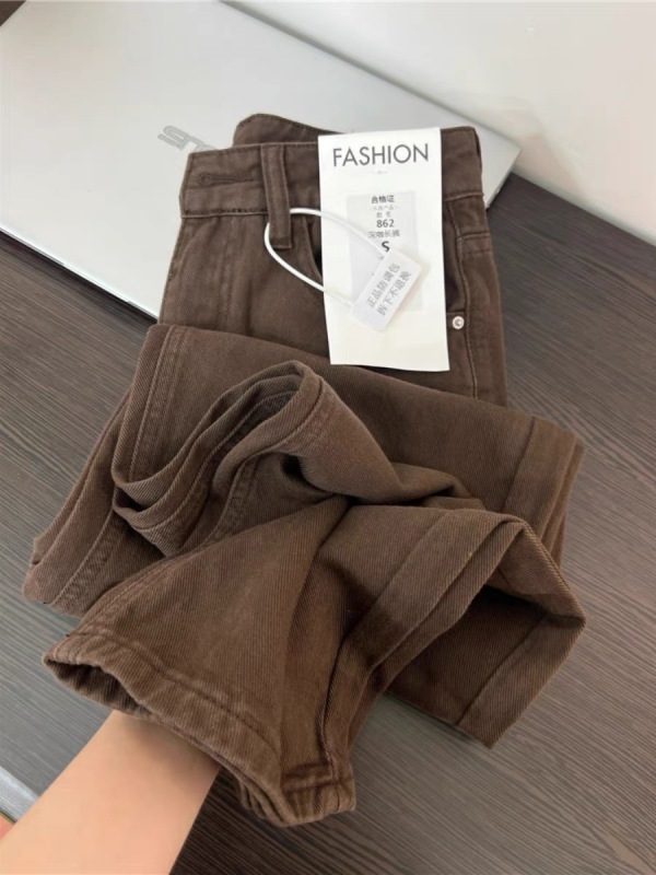 American retro brown loose straight jeans for women spring new high-waist slim design wide-leg pants