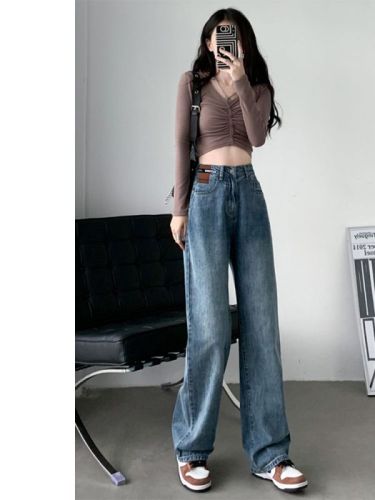 Spot retro wide-leg jeans for women, high-waisted and drapey autumn and winter new models for small people, slim and versatile straight-leg floor mopping pants