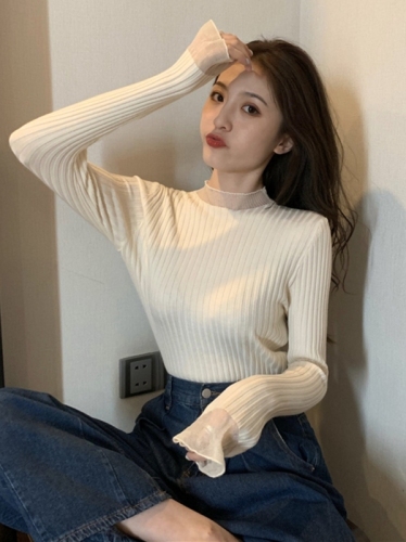 Spring and Autumn Korean style new slim fit mesh splicing half turtleneck bottoming long-sleeved sweater tops for women