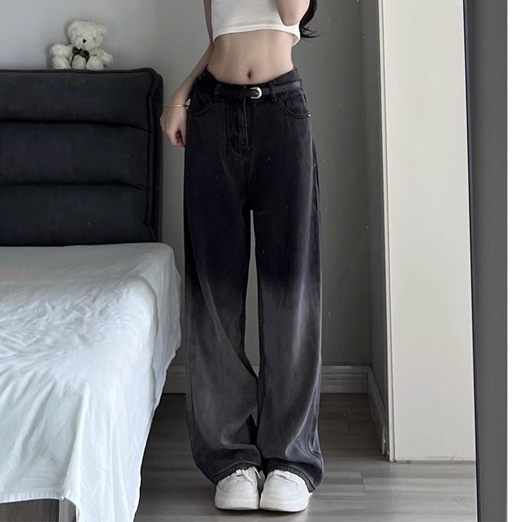 Black wide-leg jeans for women, spring and autumn new style, high-waisted, slim, loose and drapey, floor-length narrow straight pants