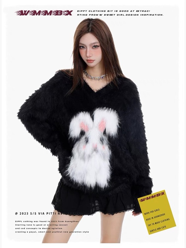 Early autumn black American retro mink velvet v-neck rabbit sweater women's autumn and winter sweater top mid-length
