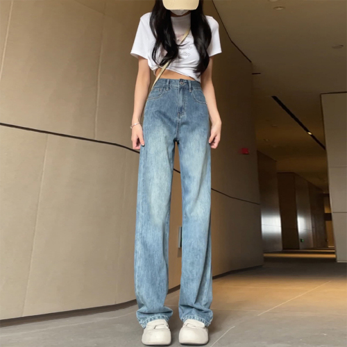 Retro straight jeans for women, spring and autumn, new style, small, high-waisted, floor-length pants, loose, narrow, wide-leg pants