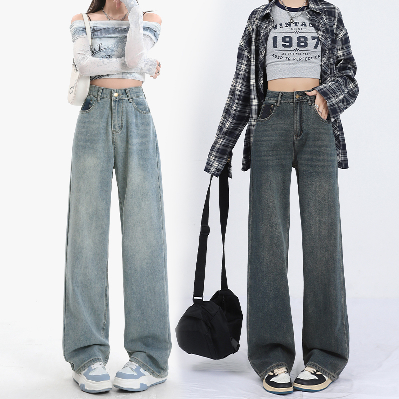 New American narrow wide-leg jeans for women, versatile high-waisted, loose, slimming, straight-leg floor-length mopping pants
