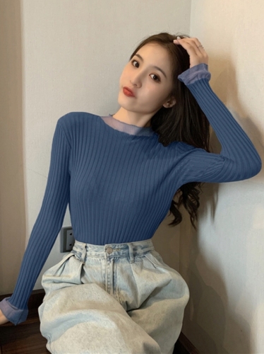 Spring and Autumn Korean style new slim fit mesh splicing half turtleneck bottoming long-sleeved sweater tops for women