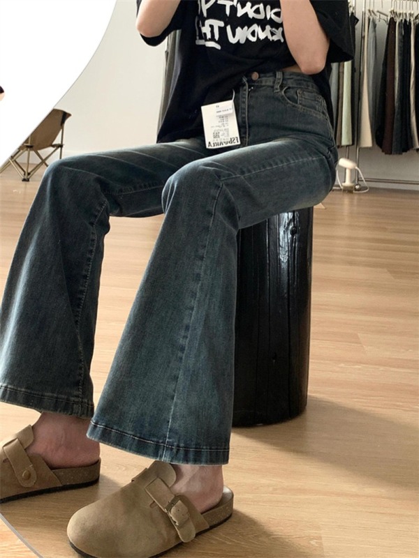 Retro blue non-leg-fitting bootcut jeans for fall, new large size fat mm high-waist slimming crotch-covering flared trousers