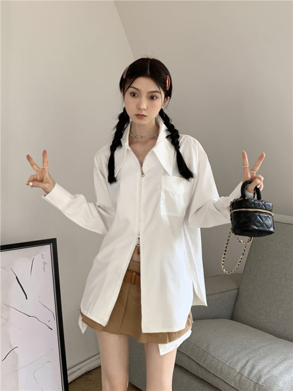 French retro design zipper white POLO collar long-sleeved shirt for women with niche temperament and loose fit