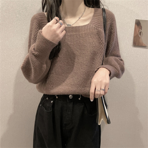French retro puff sleeve leaking clavicle square neck bottoming shirt for women street knitted sweater for outer wear