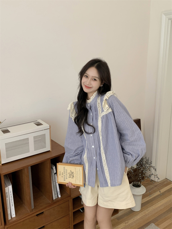 Designed loose-fitting niche lace striped long-sleeved top shirt for women