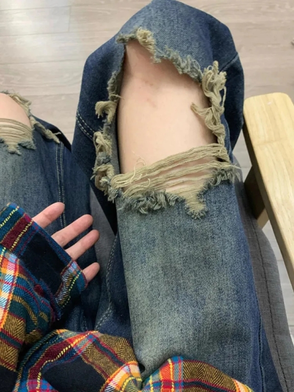 American vibe high street loose ripped jeans for women 2024 new high waist slim narrow wide leg pants