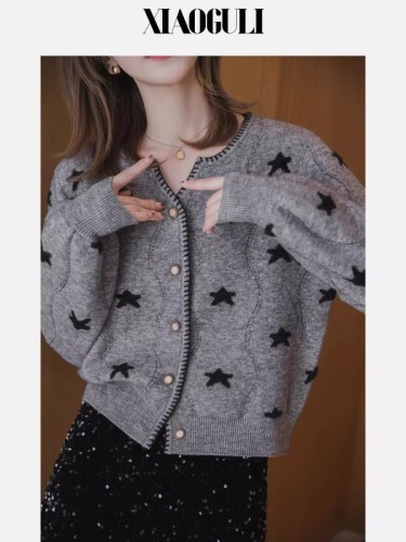 Wool sweater for women 2024 spring Korean style puff sleeve loose slimming cardigan short long sleeve top