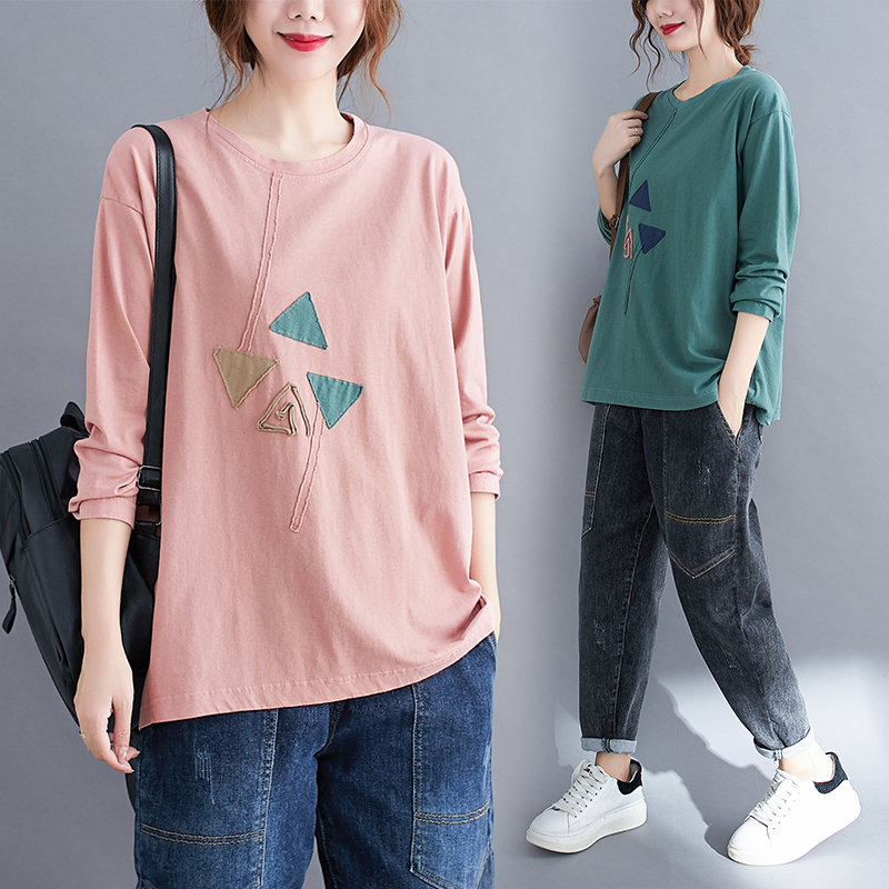 Autumn and winter new casual and versatile contrasting color patch round neck artistic women's T-shirt long-sleeved loose top